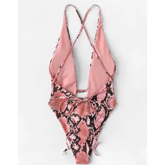 NWT Deep V Pink Snake Print One Piece - Picture 4 of 4